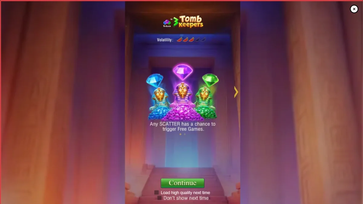 Tampilan visual slot 3 Tomb Keepers dengan tema makam Mesir Kuno dan patung Firaun.