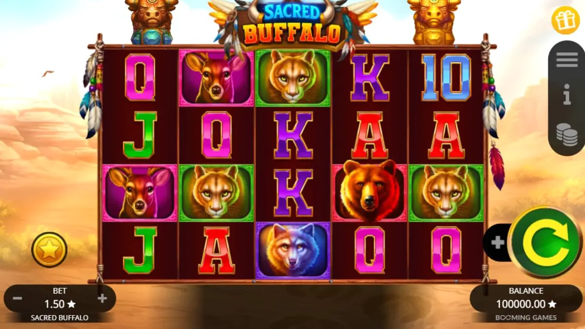 Tampilan visual slot Sacred Buffalo dengan latar belakang padang rumput Barat dan simbol totem.