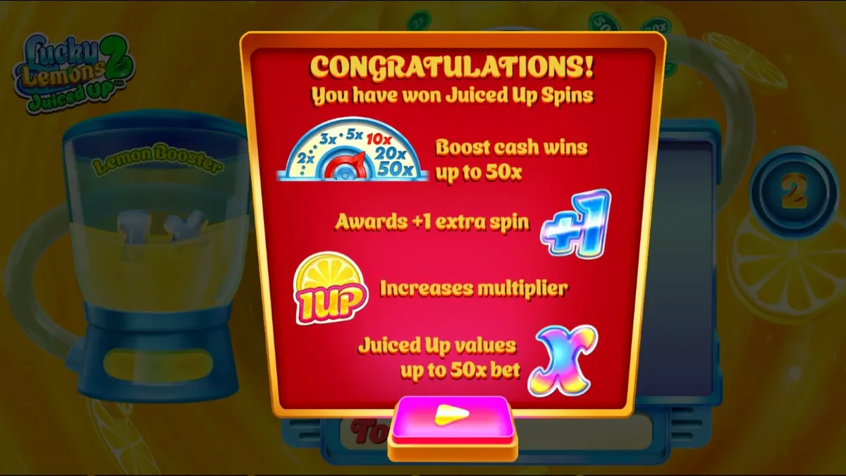 Lucky Lemons 2 Juiced Up slot game screen with vibrant citrus theme